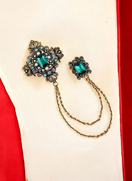 Green Kundan And Stone Chain Brooch For Men