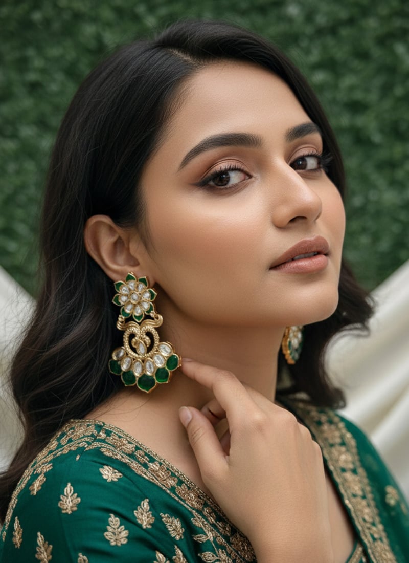 Green Kundan And Stone Danglers Festive Wear