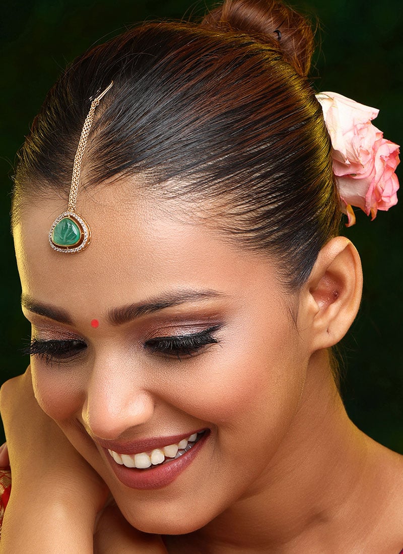 Green Kundan And Stone Work Mangtikka Festive Wear