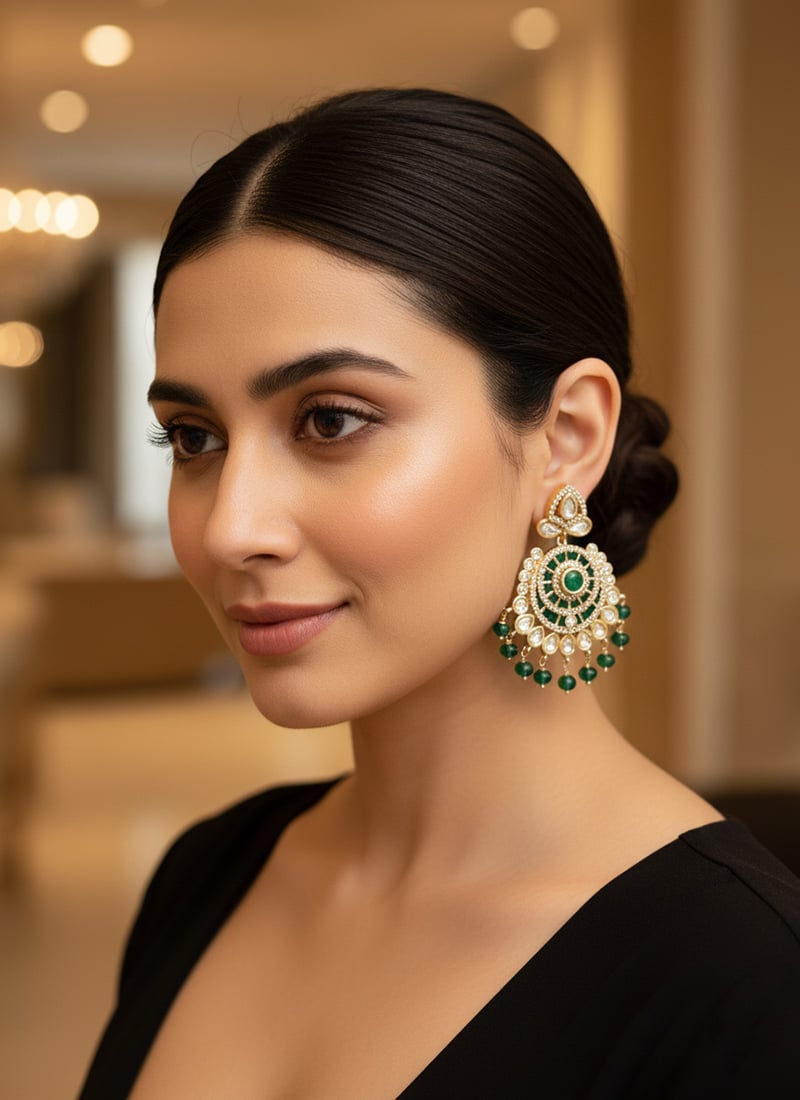 Green Kundan And Stones Beads Chaand Bali Festive Wear