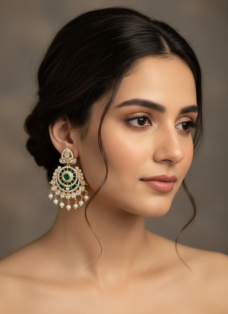 Green Kundan And Stones Beads Chaand Bali