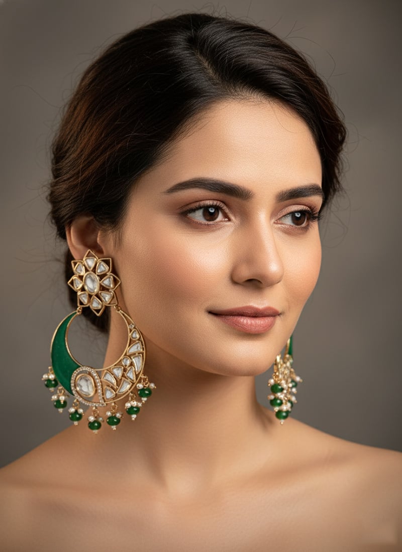 Green Kundan And Stones Beads Chaand Bali