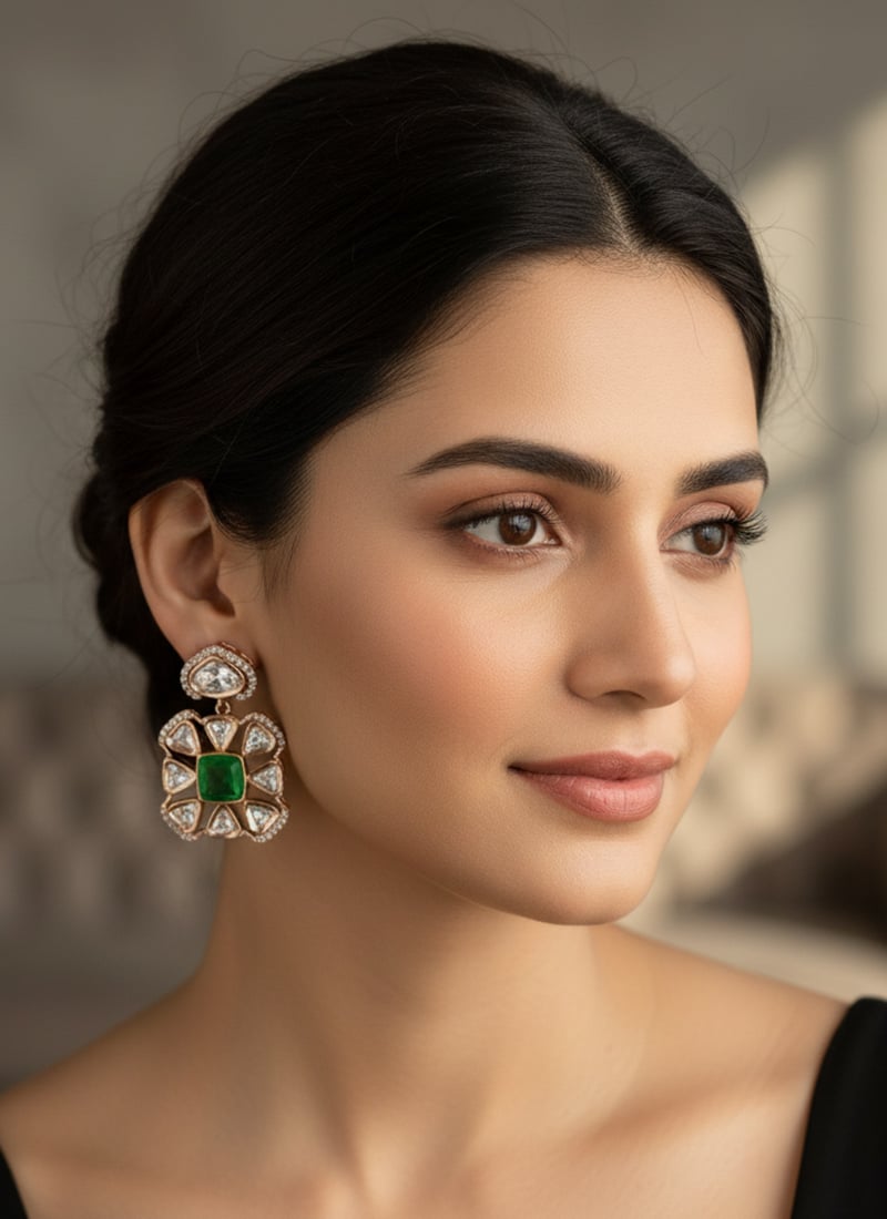 Green Kundan And Stones Danglers Festive Wear