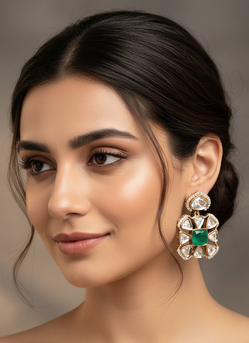 Green Kundan And Stones Danglers Festive Wear