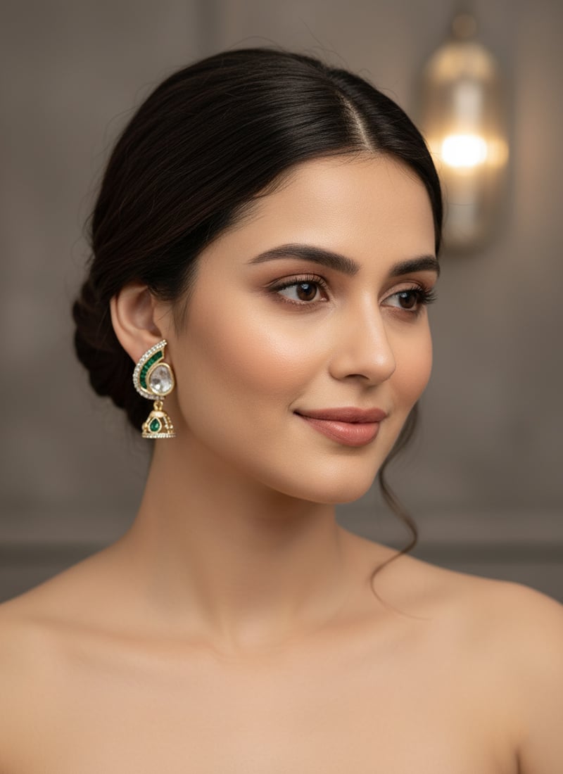 Green Kundan And Stones Jhumka Festive Wear