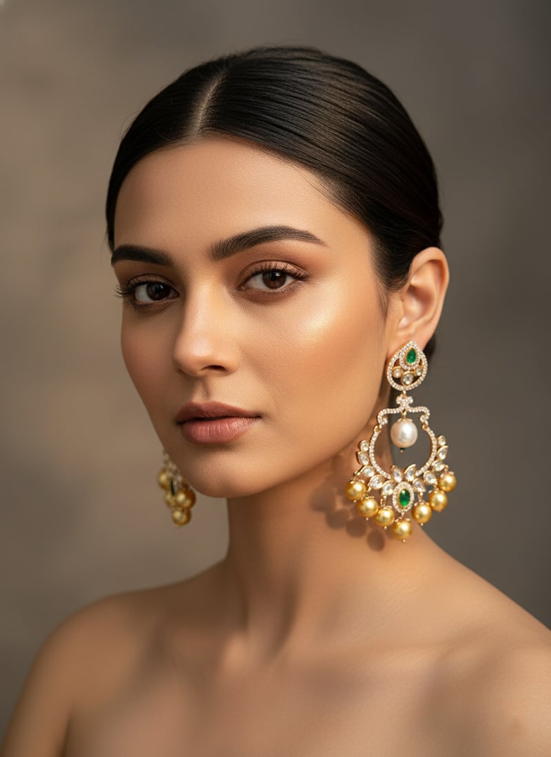 Green Kundan And Stones Moti Danglers Festive Wear