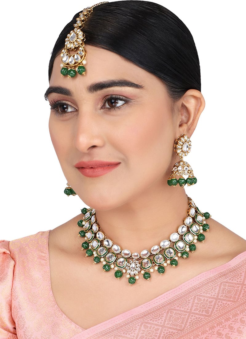 Green Kundan Bead Drop Gold Plated Choker Set With Jhumka And Maangtikka