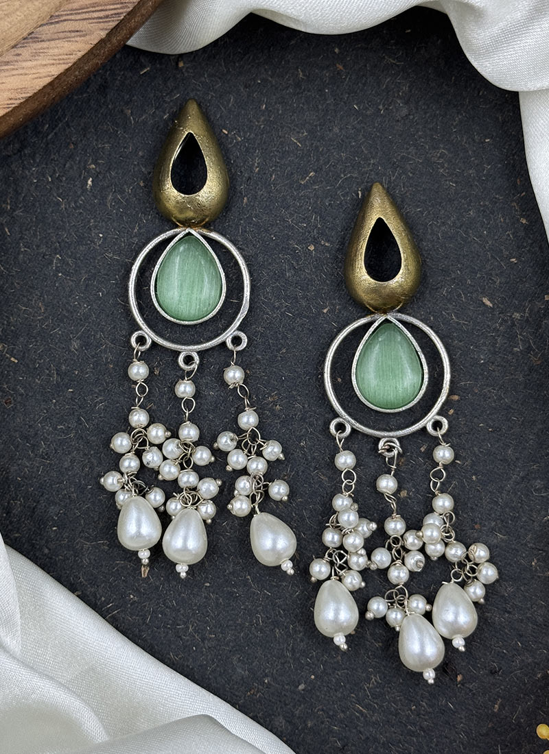 Green Kundan Bead Embellished Danglers Festive Wear