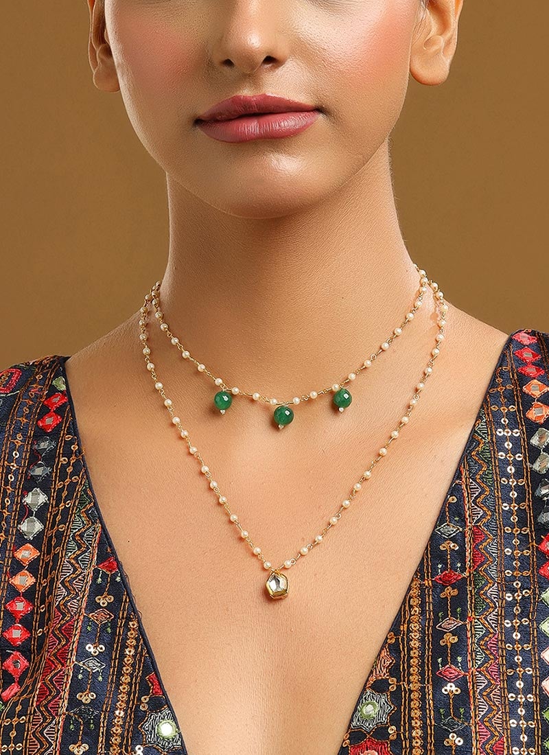 Green Kundan Beaded Layered Necklace Festive Wear