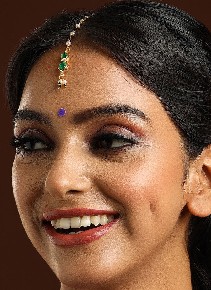 Green Kundan Beaded Mangtikka Festive Wear