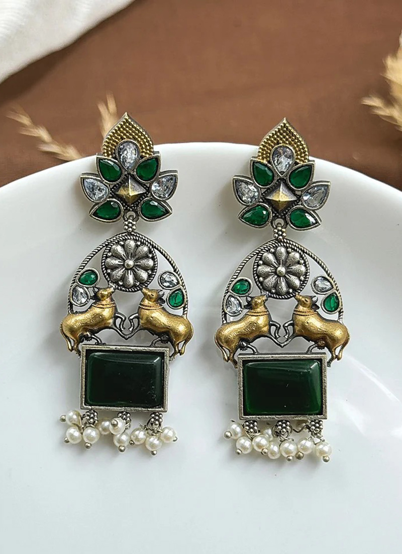 Green Kundan Beaded Motif Dangler Earrings Festive Wear