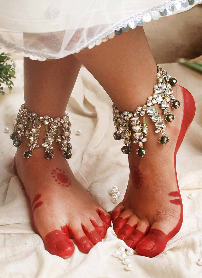 Green Kundan Beads And Moti Anklets Festive Wear
