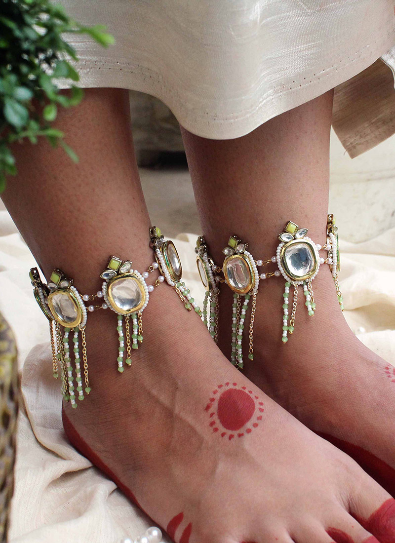 Green Kundan Beads Anklets