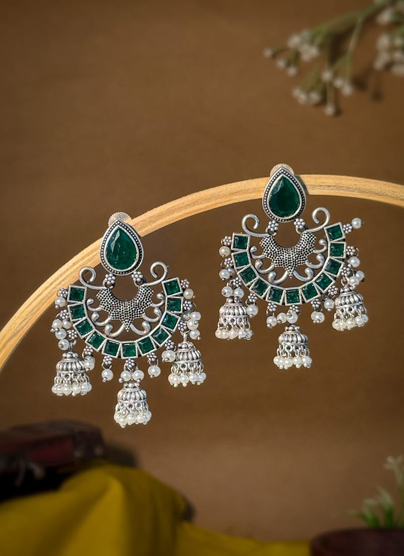 Green Kundan Beads Chaand Bali Jhumka Earrings For Women Festive Wear