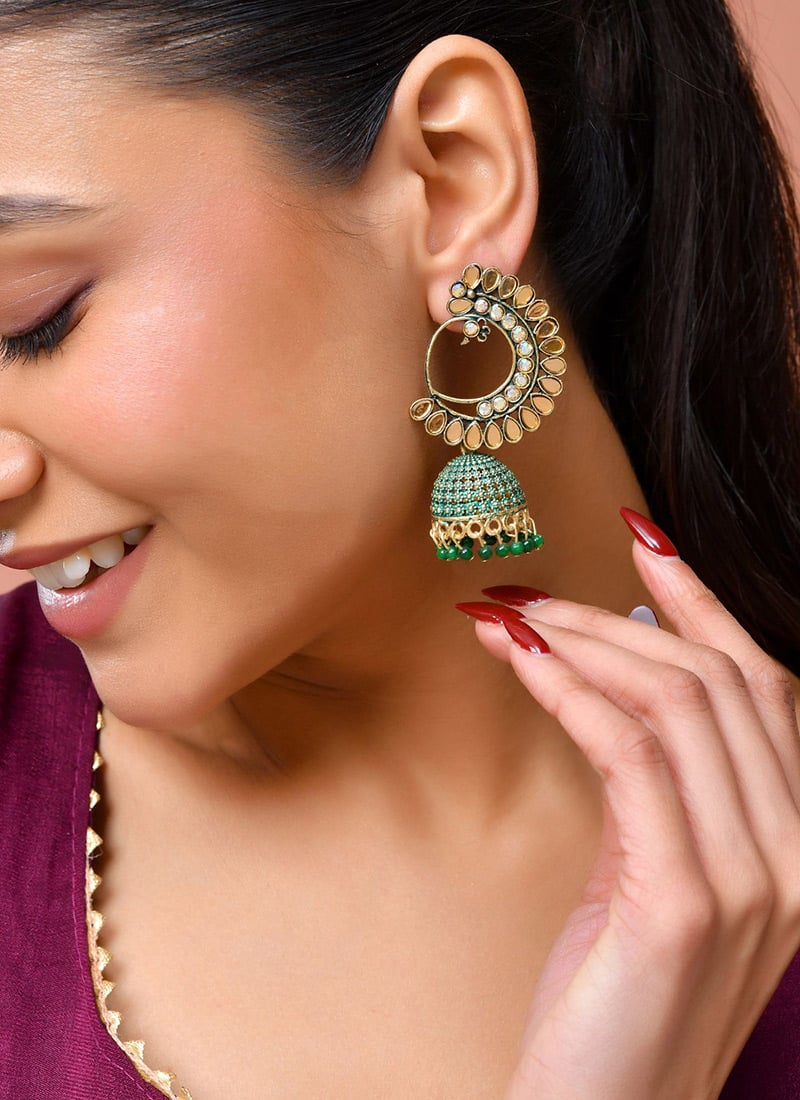 Green Kundan Beads Jhumka Festive Wear