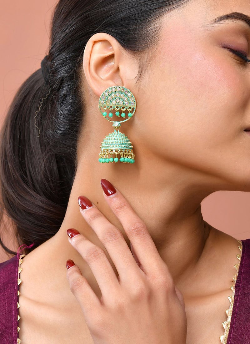 Green Kundan Beads Jhumka Festive Wear
