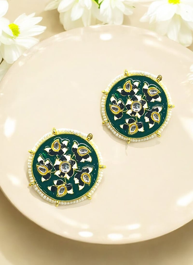Green Kundan Beads Meenakari Studs Festive Wear