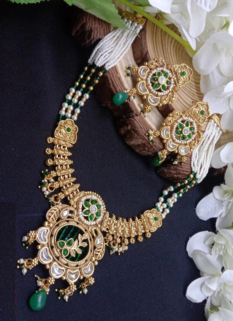 Green Kundan Beads Pearl Bridal Necklace Set Wedding Wear
