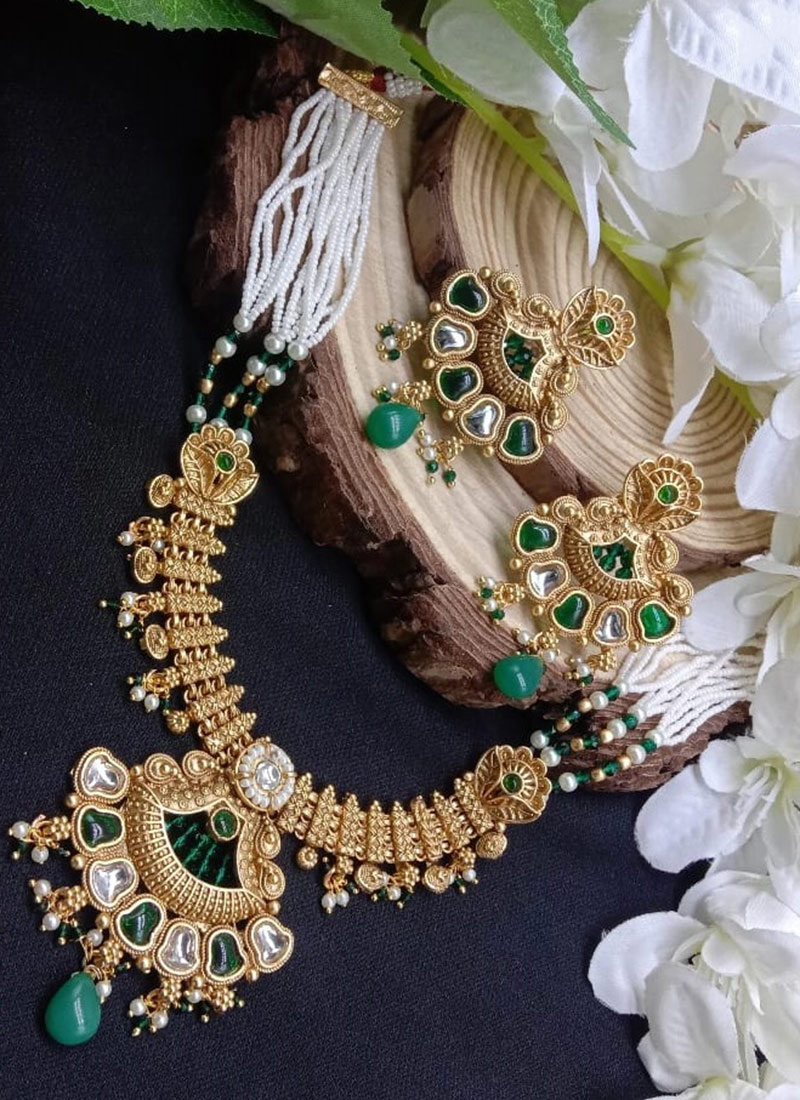 Green Kundan Beads Pearl Necklace Set For Women Wedding Wear