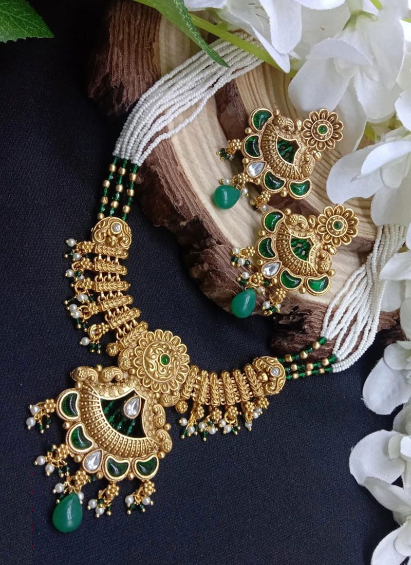 Green Kundan Beads Pearl Necklace Set For Women Wedding Wear