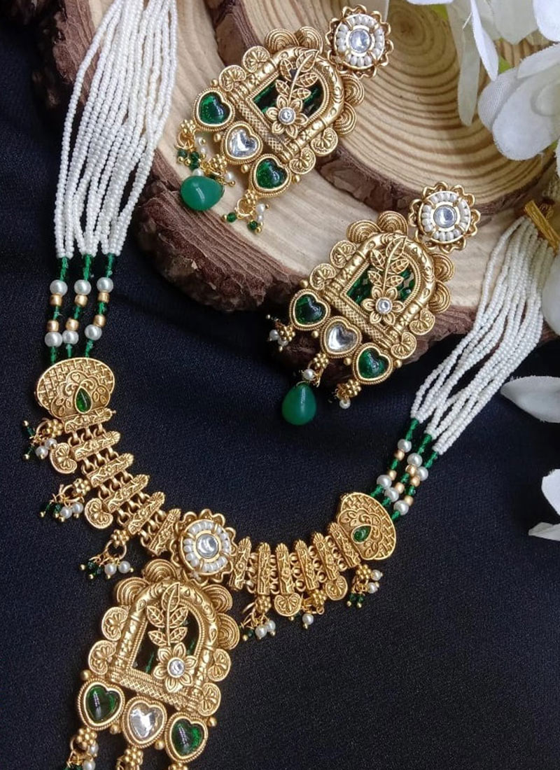 Green Kundan Beads Pearl Necklace Set Wedding Wear