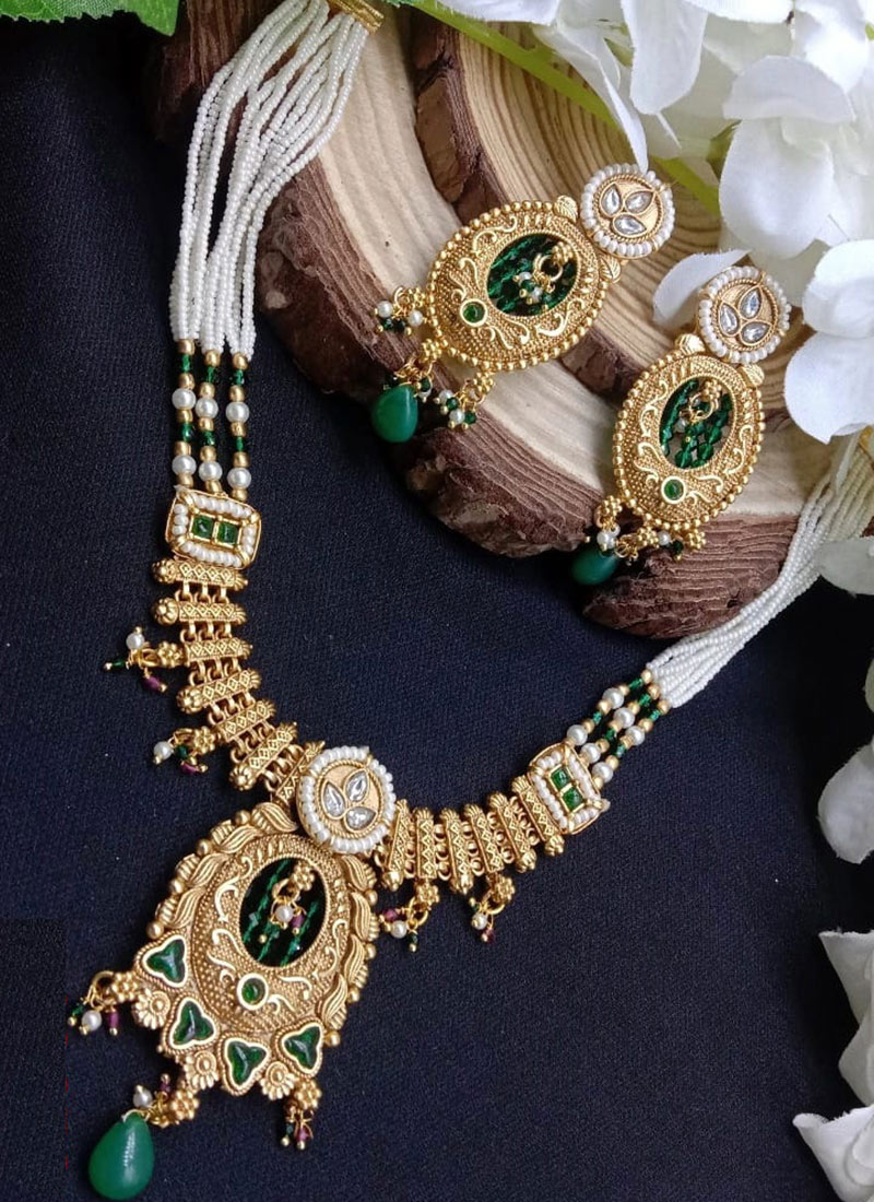 Green Kundan Beads Pearl Necklace Set Wedding Wear