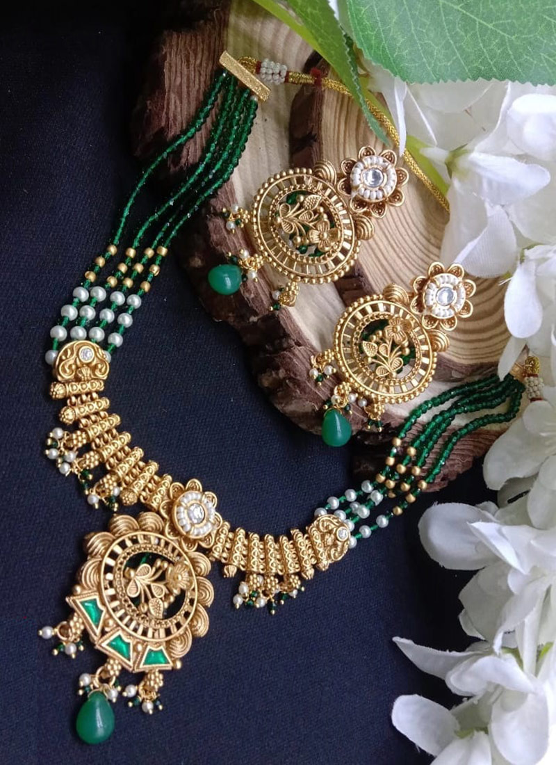 Green Kundan Beads Pearl Necklace Set Wedding Wear