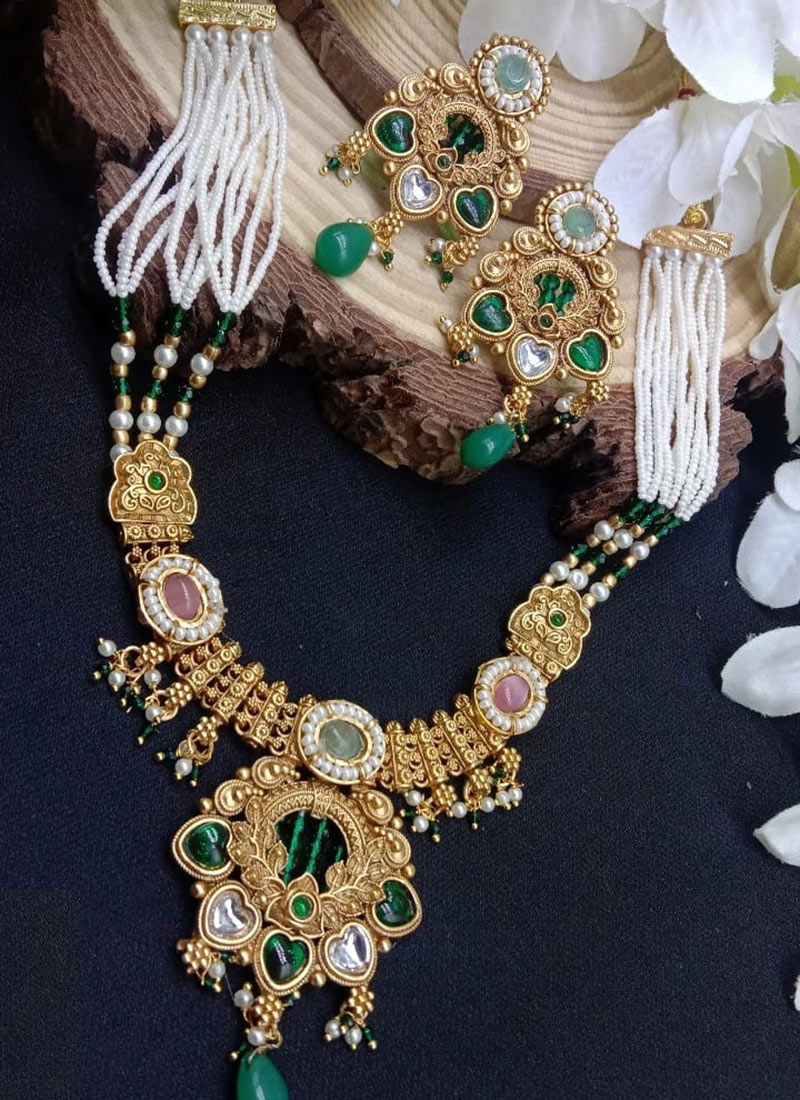 Green Kundan Beads Pearl Regal Necklace Set Wedding Wear