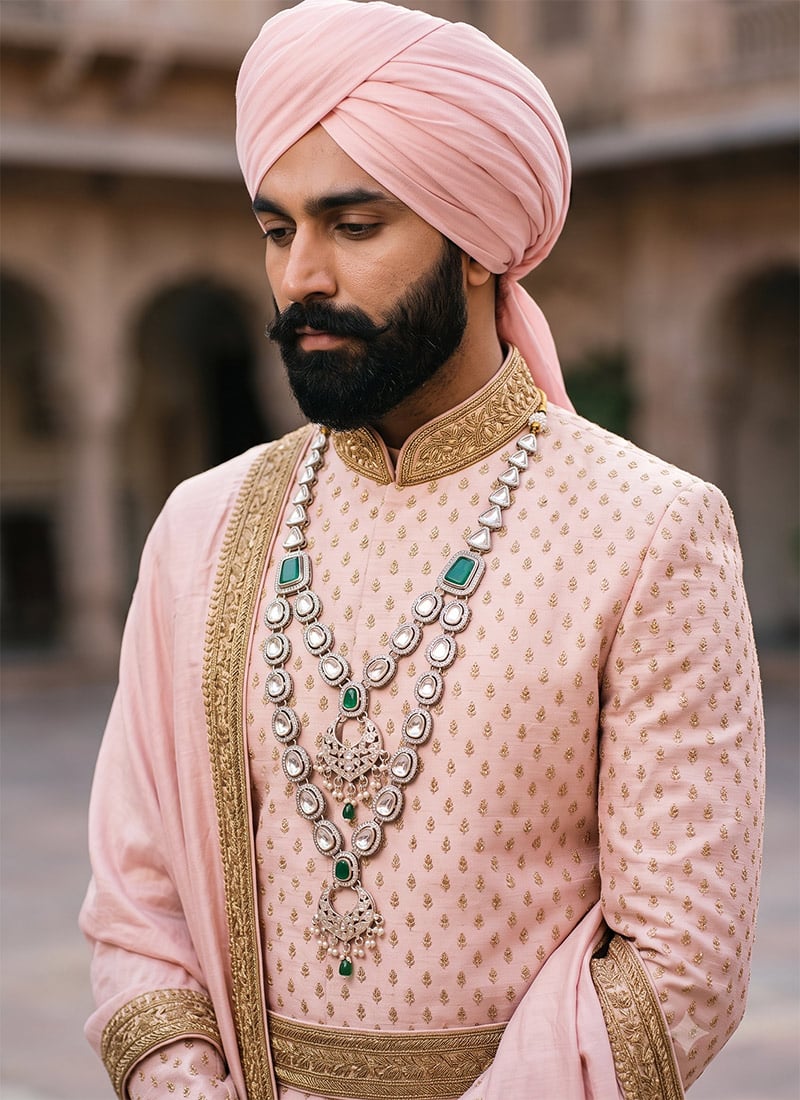 Green Kundan Crescent Layered Mens Mala
