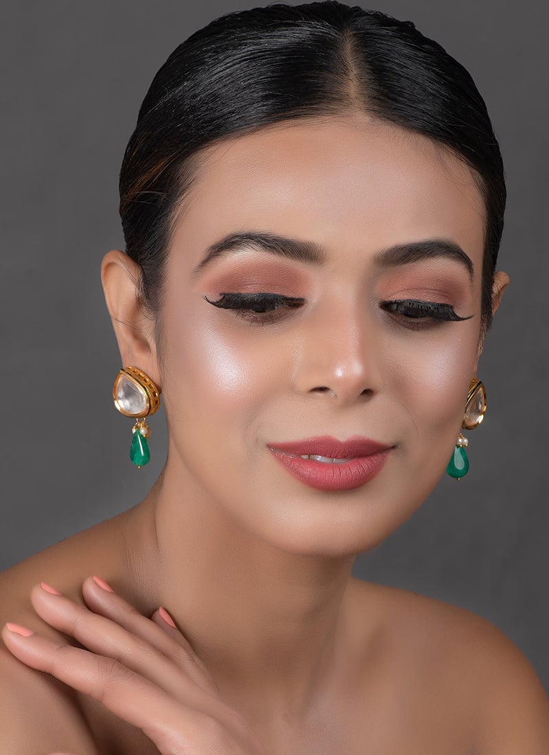 Green Kundan Drop Earrings Party Wear