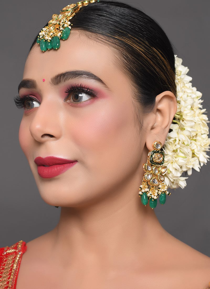 Green Kundan Drop Earrings Party Wear