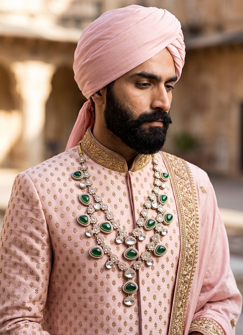 Green Kundan Layered Mens Mala