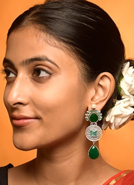 Green Kundan Long Dangle Earrings For Women