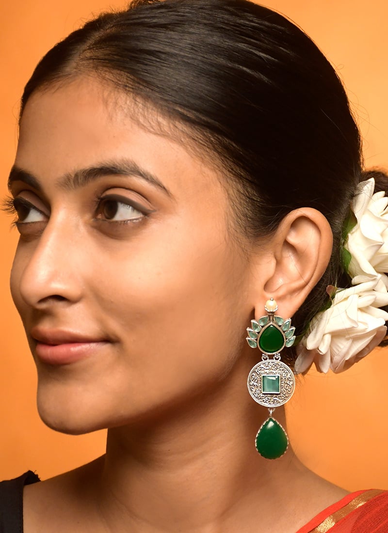 Green Kundan Long Dangle Earrings For Women Festive Wear