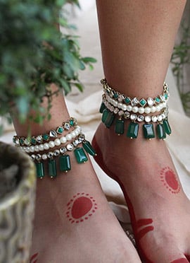 Green Kundan Moti Anklets