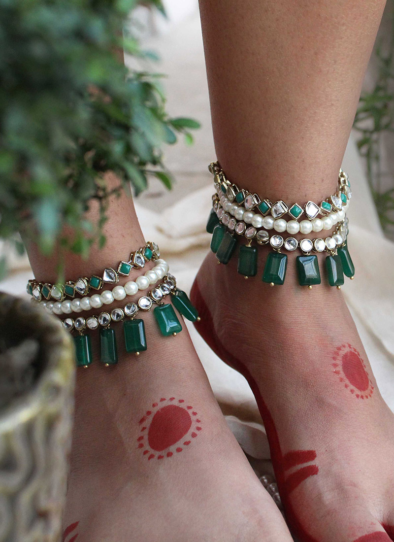 Green Kundan Moti Anklets Festive Wear