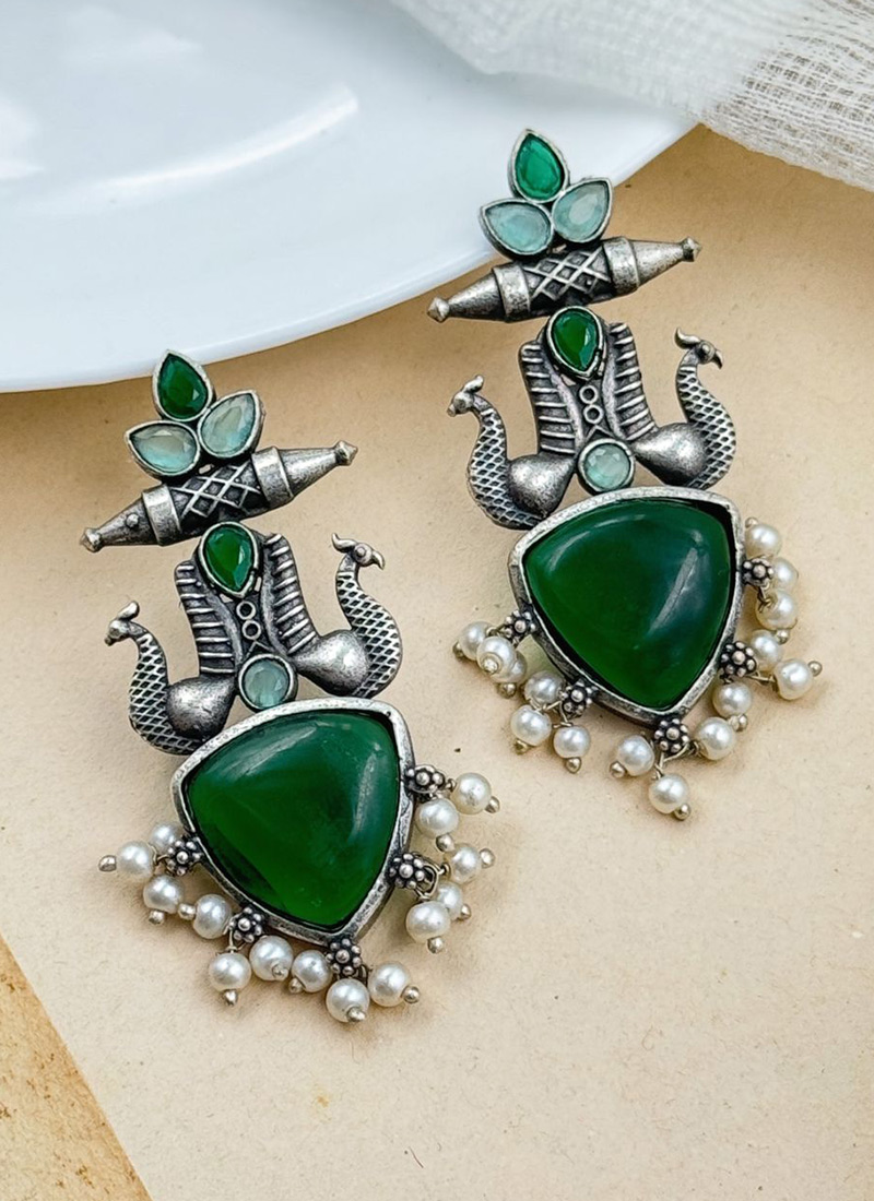 Green Kundan Motif StatementBeautuful Dangler Earrings Festive Wear
