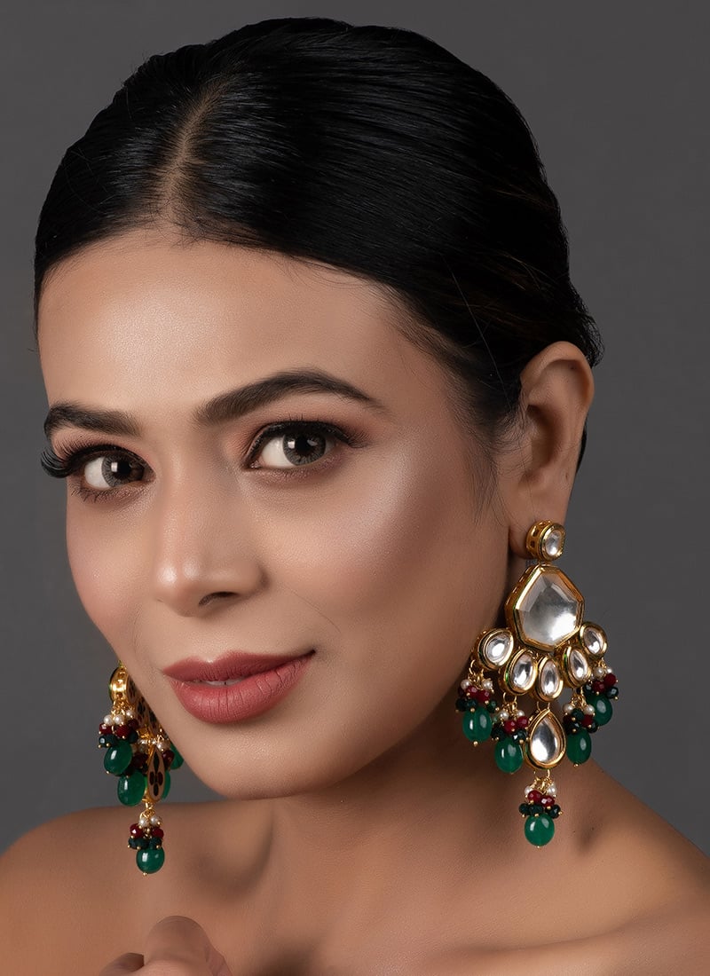Green Kundan N Beads Drops Earring