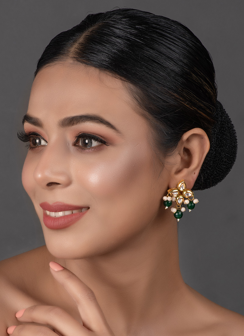 Green Kundan N Beads Stud Earrings Party Wear
