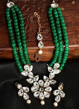 Green Kundan Pearl Beaded Golden Plated Necklace Set