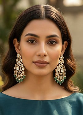 Green Kundan Stone And Moti Chandeliers