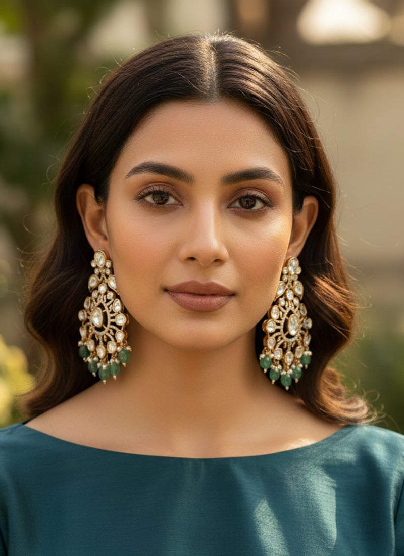 Green Kundan Stone And Moti Chandeliers Festive Wear