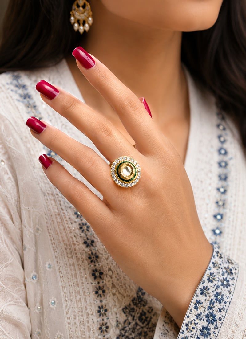 Green Kundan Stone Round Adjustable Ring After Six Wear