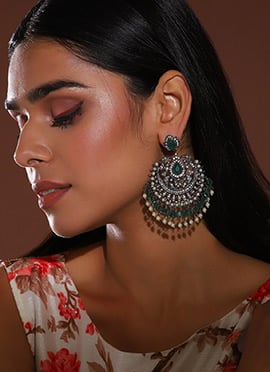 Green Kundan Stones And Beads Chaand Bali