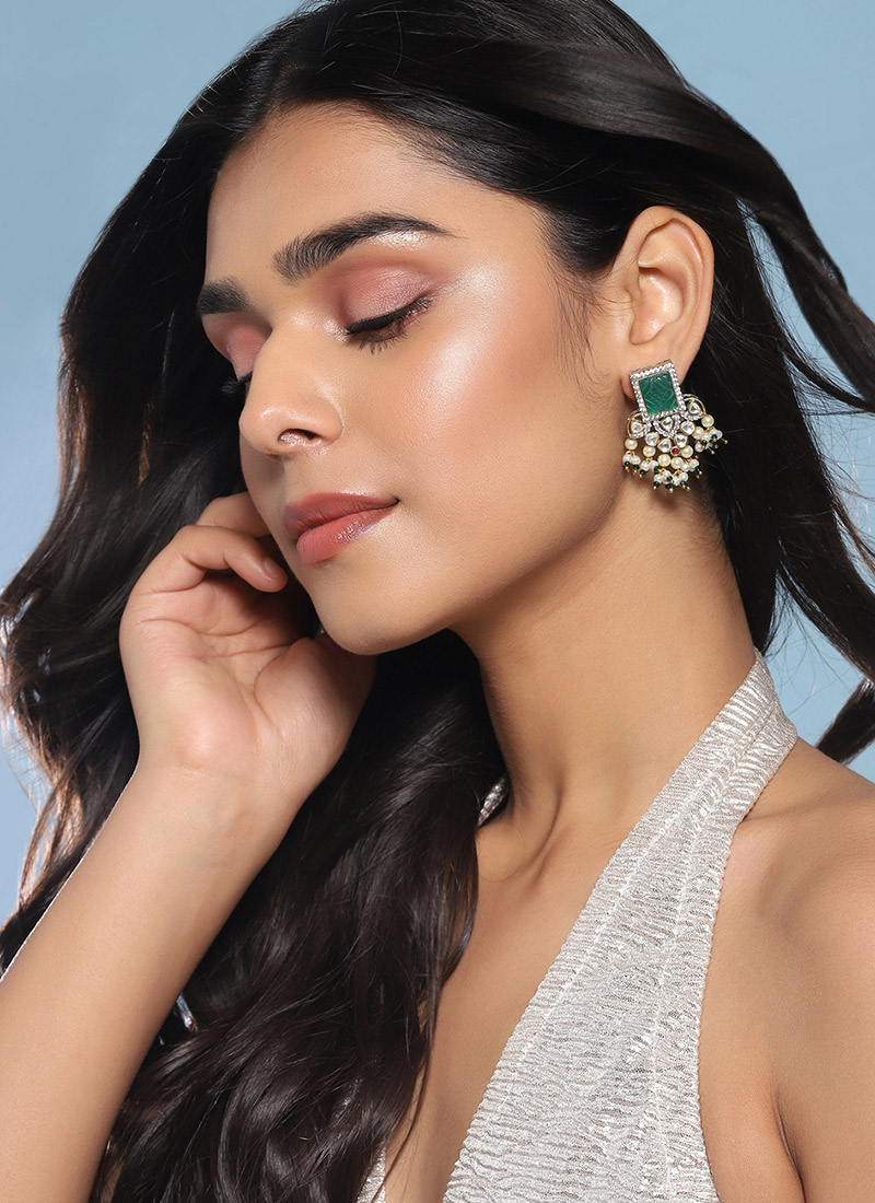 Green Kundan Stones And Beads Drops Festive Wear