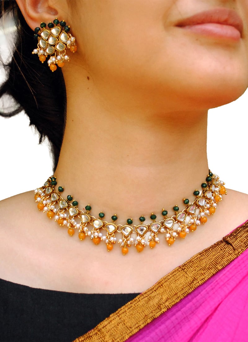 Green Kundan With Beads And Mothi Work Choker Festive Wear