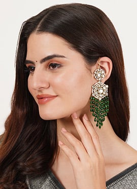 Green Kundan With Beads And Pearl Danglers With Kanauti