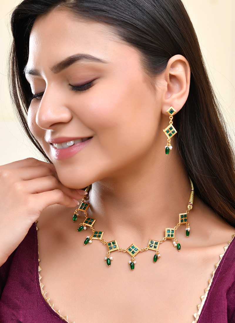 Green Kundan With Beads Necklace Wedding Wear