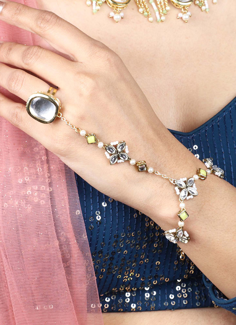Green Kundan With Moti And Beads Bracelet Festive Wear