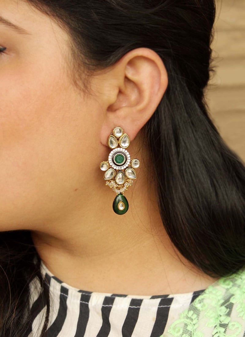 Green Kundan With Stone And Beads Danglers After Six Wear